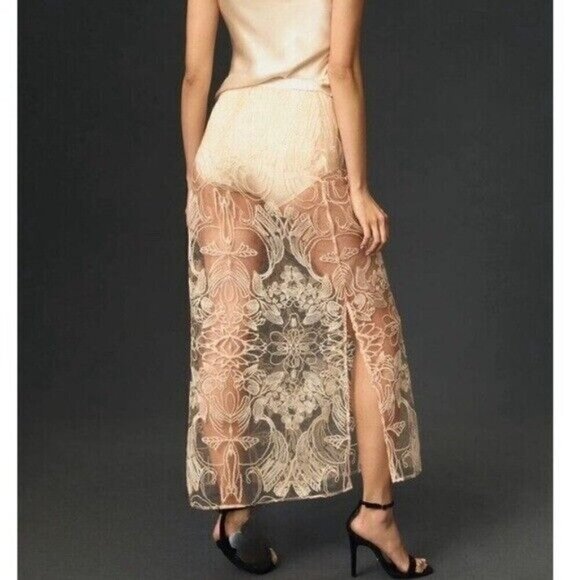 ANTHROPOLOGIE Sheer Lace Embroidered Maxi Skirt Rose Color Size M NEW - Picture 12 of 13